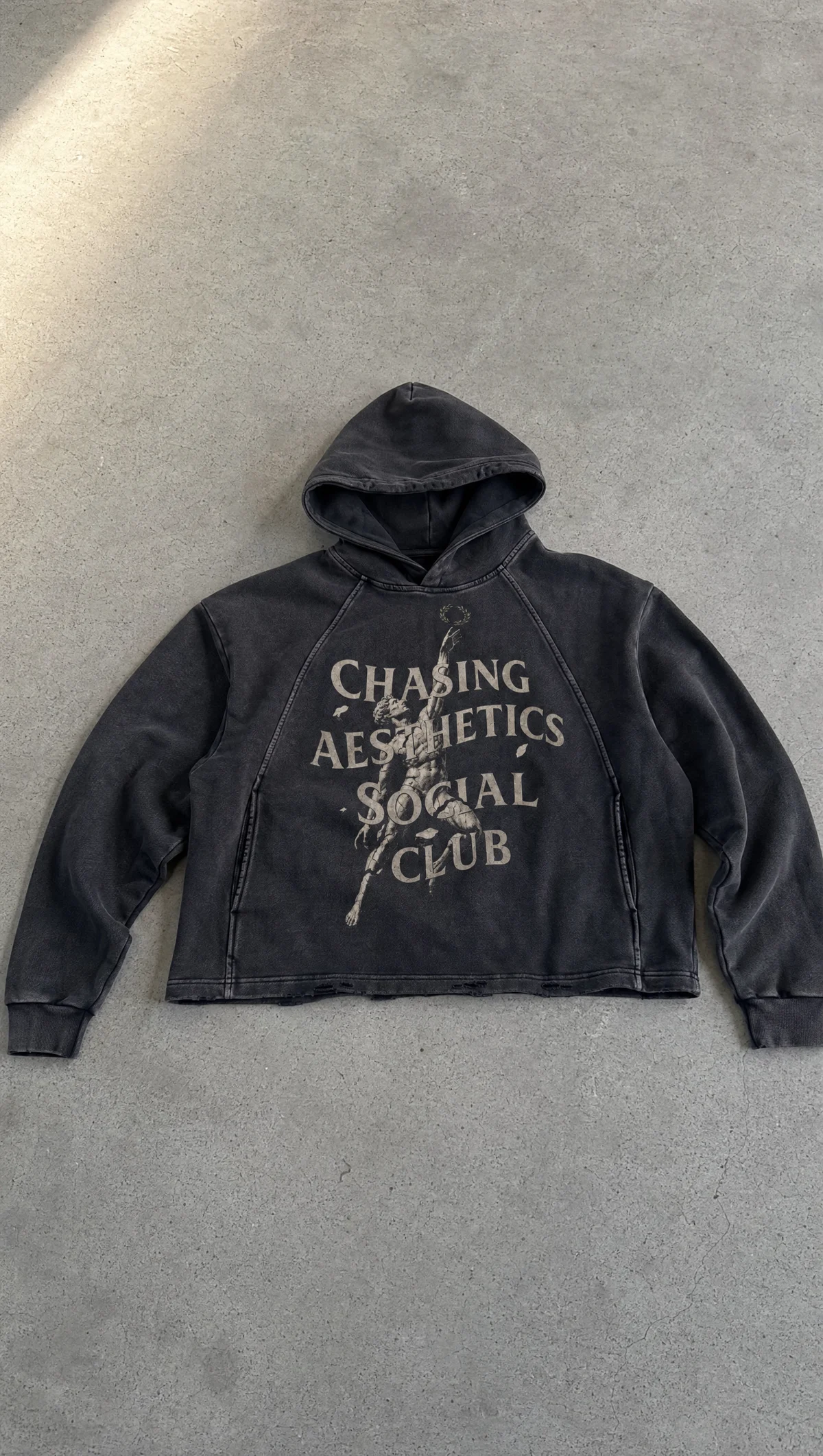 Chasing Aesthetics Statue Vintage Washed Hoodie in Washed Black — product view
