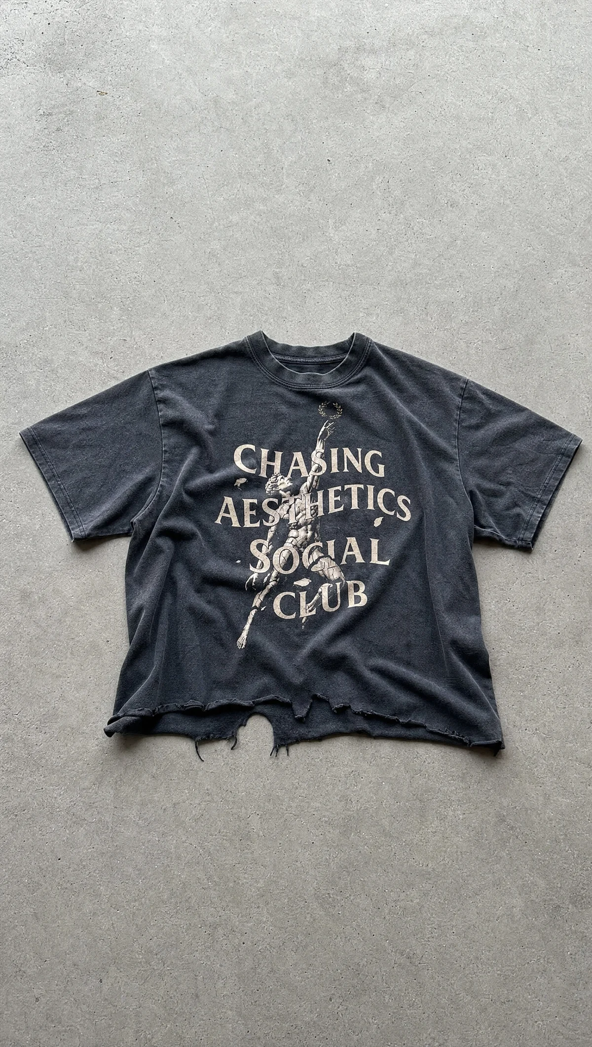 Chasing Aesthetics Statue Distressed Cropped Tee in Washed Black — product view