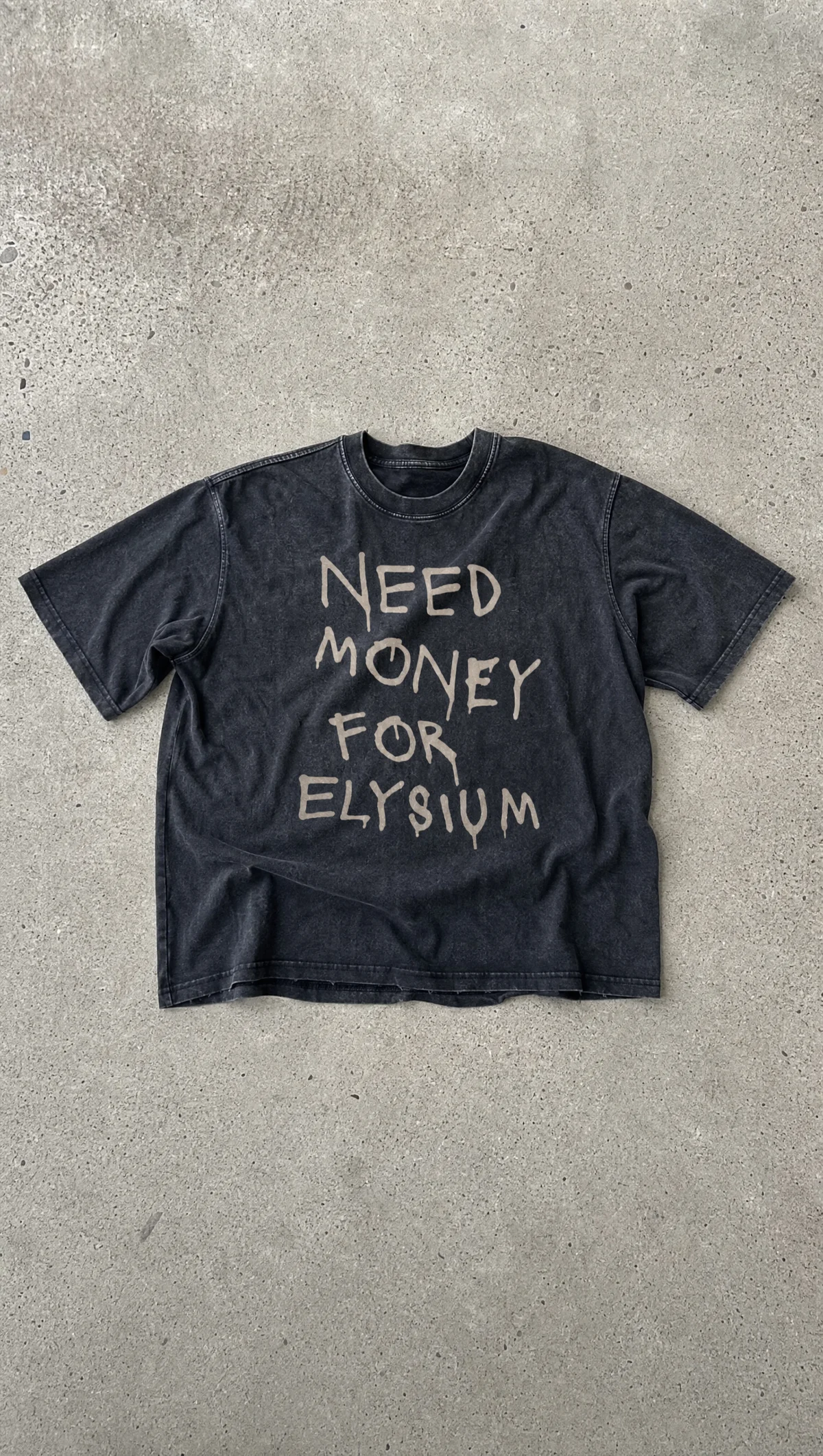 Need Money Mineral Wash Boxy Tee in Washed Black — product view
