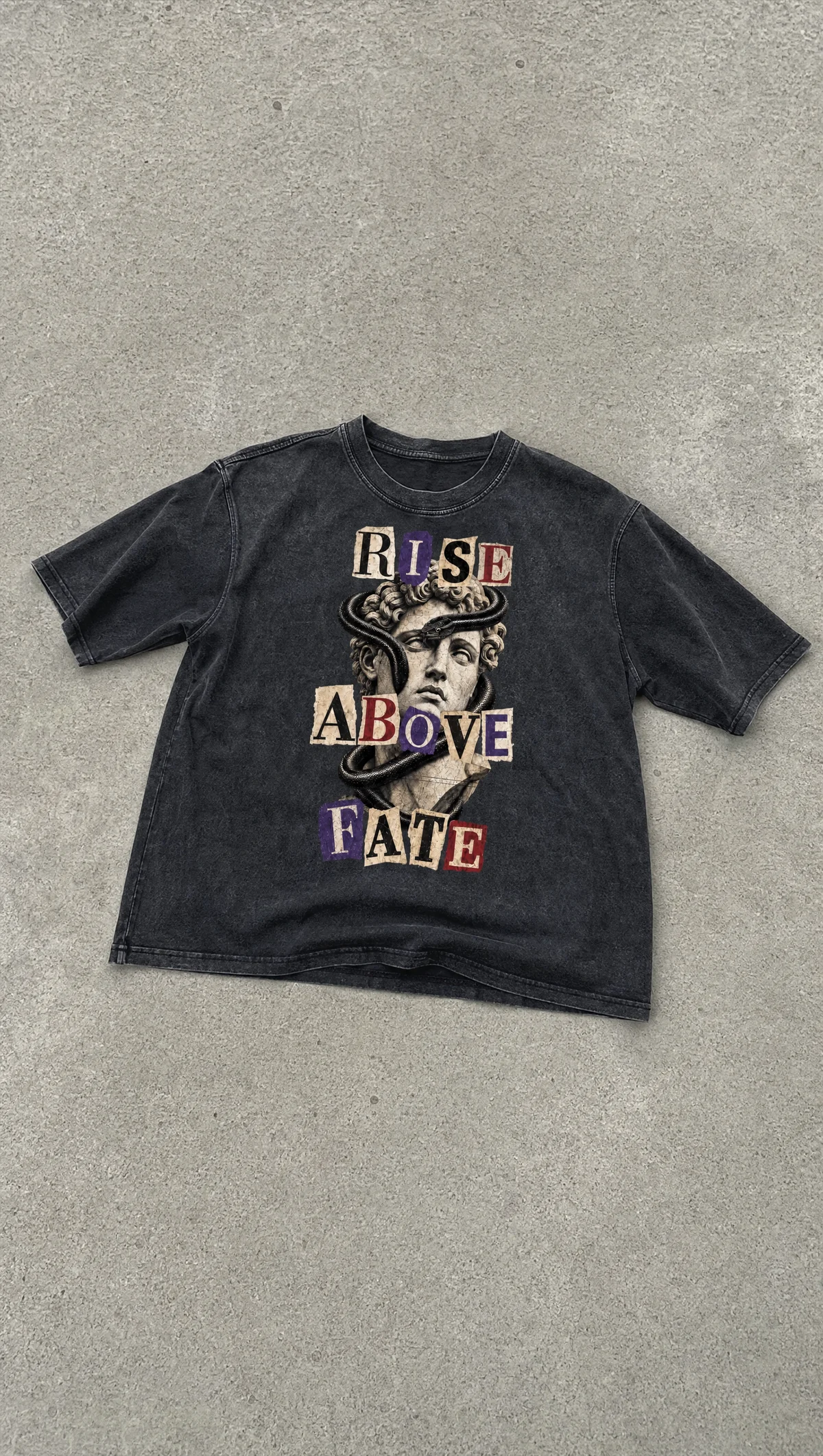 Rise Above Fate Mineral Wash Boxy Tee in Washed Black — product view